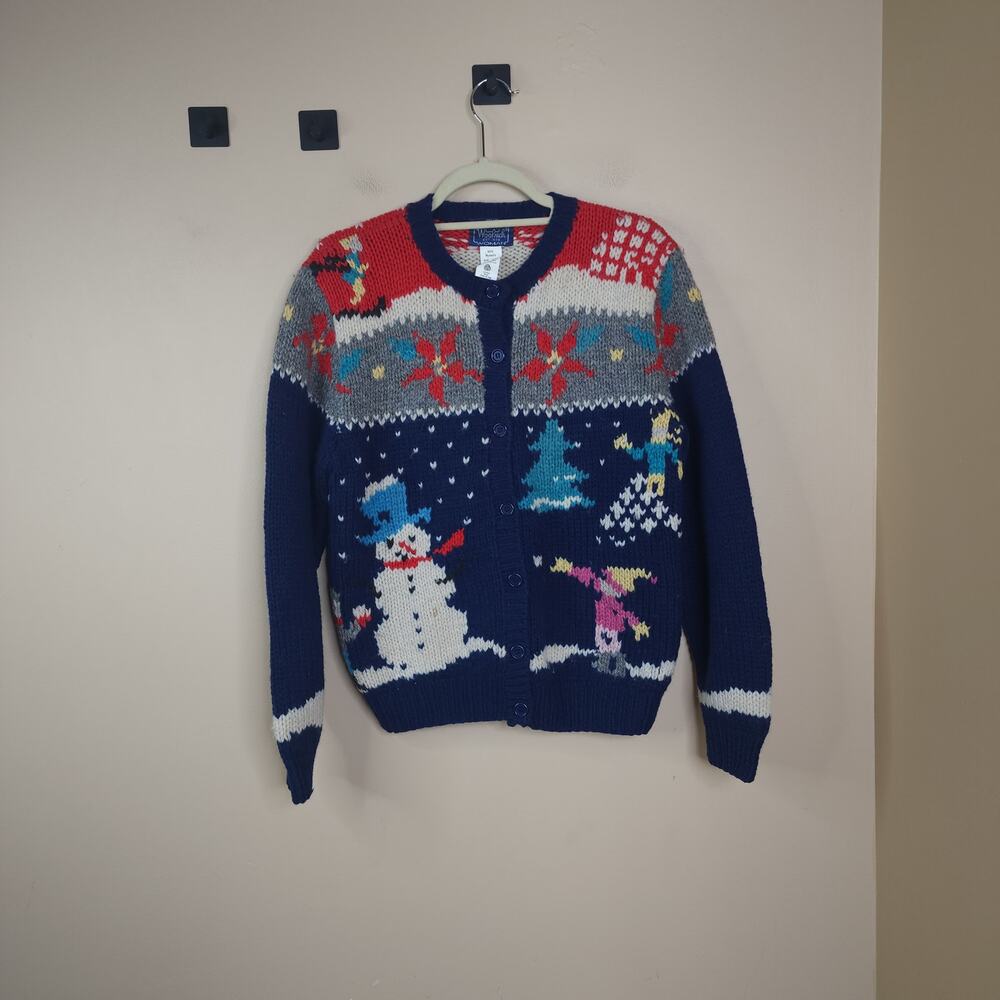 Vintage Woolrich Snow Snowman Ski Button Front Chunky Cardigan Wool Size S
